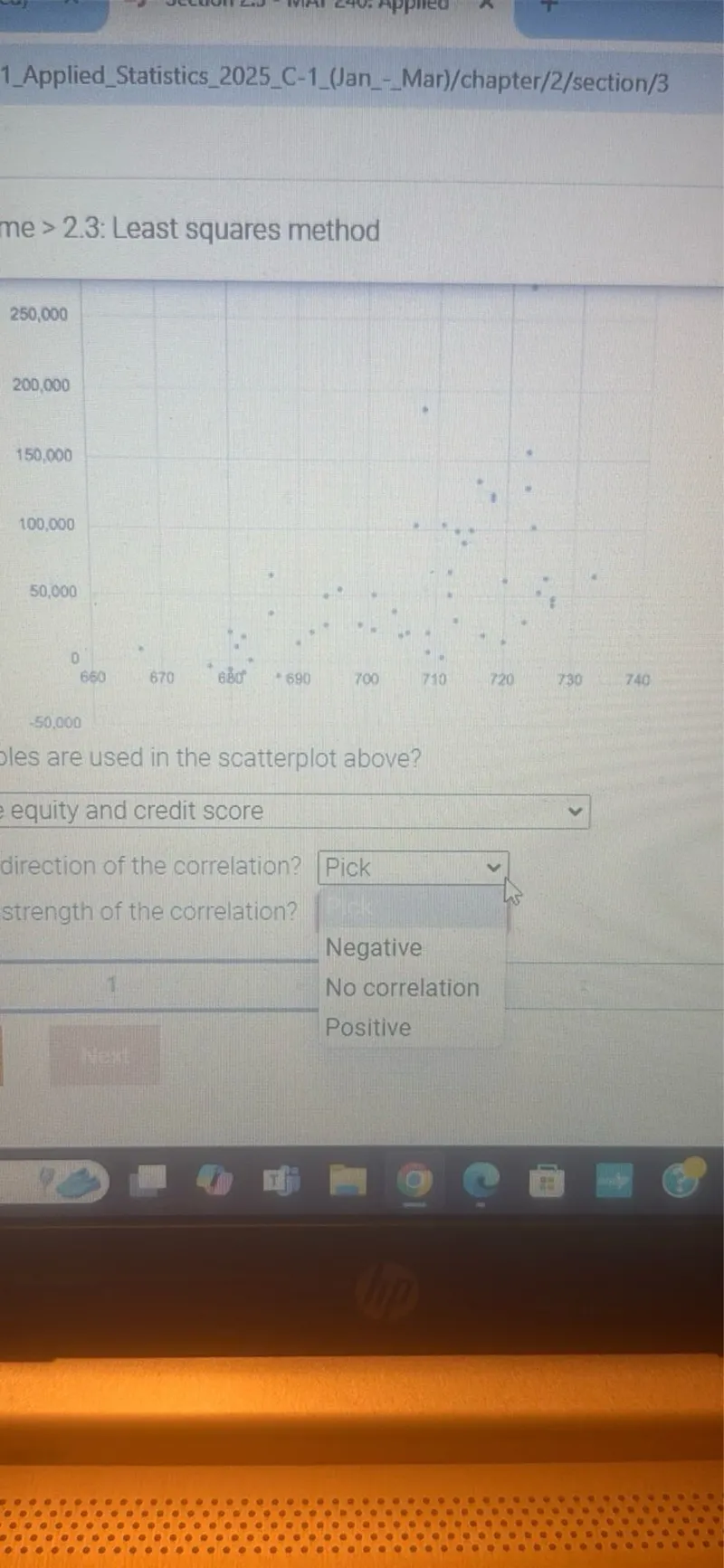 2.3: Least squares method
What variables are used in the scatterplot above?
What is the direction of the correlation?
What is the strength of the correlation?
- Negative
- No correlation
- Positive