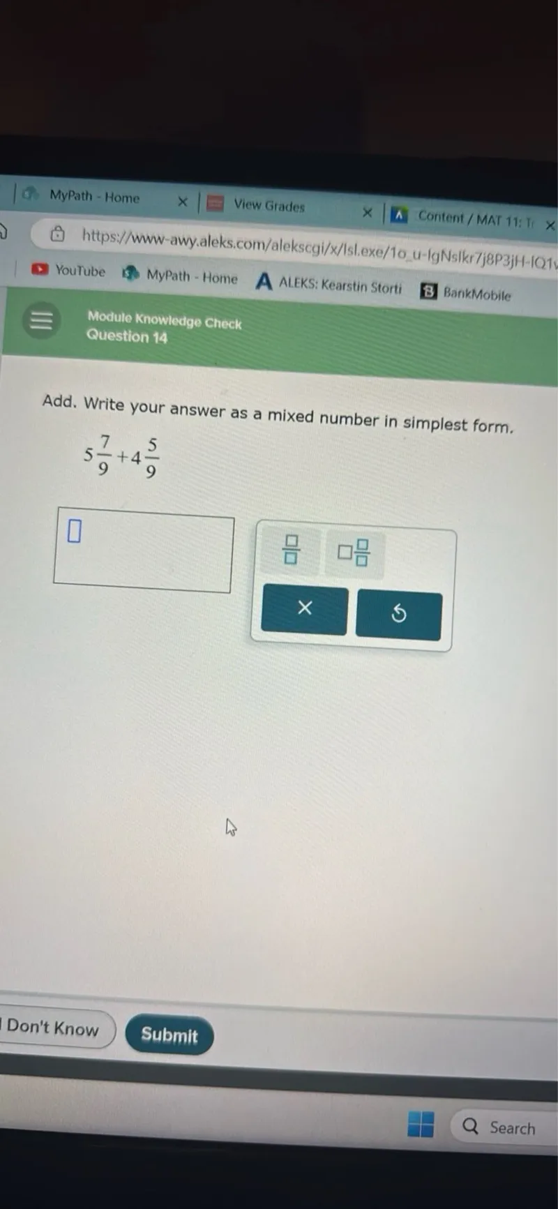 Add. Write your answer as a mixed number in simplest form.
5 7/9 + 4 5/9