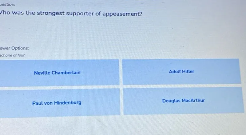 Who was the strongest supporter of appeasement?

Neville Chamberlain
Adolf Hitler
Paul von Hindenburg
Douglas MacArthur