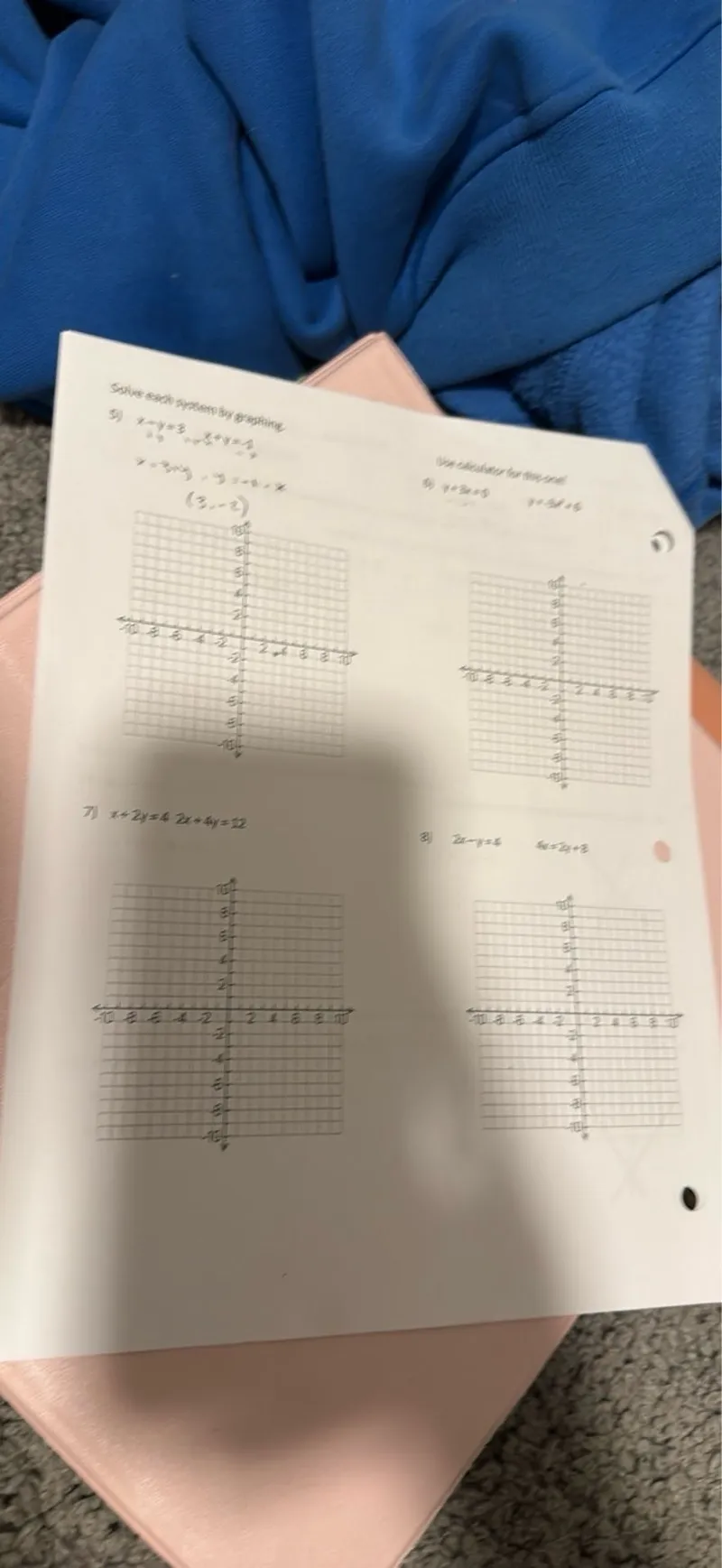 Solve each system by graphing.

5) y=x+3, 2x+4y=4

6) y=2x+1

7) x+2y+4=2x-4y=22

8) 2x-y=4, 4x=2y+8