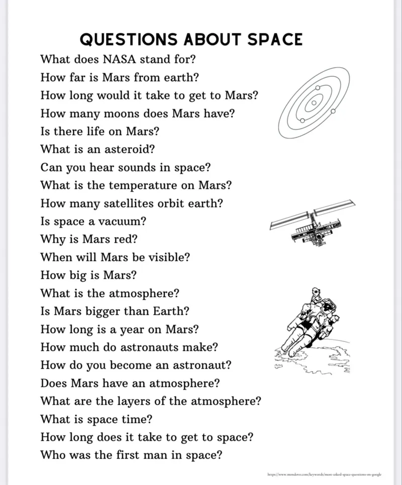 QUESTIONS ABOUT SPACE  
What does NASA stand for?  
How far is Mars from earth?  
How long would it take to get to Mars?  
How many moons does Mars have?  
Is there life on Mars?  
What is an asteroid?  
Can you hear sounds in space?  
What is the temperature on Mars?  
How many satellites orbit earth?  
Is space a vacuum?  
Why is Mars red?  
When will Mars be visible?  
How big is Mars?  
What is the atmosphere?  
Is Mars bigger than Earth?  
How long is a year on Mars?  
How much do astronauts make?  
How do you become an astronaut?  
Does Mars have an atmosphere?  
What are the layers of the atmosphere?  
What is space time?  
How long does it take to get to space?  
Who was the first man in space?  