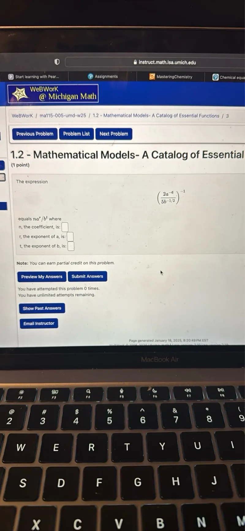 The expression
[
left(frac2 a^-65 b^-1 / 2right)^-1
]
equals (n a^r / b^t) where
n , the coefficient, is: 
(r), the exponent of (a), is: 
(t), the exponent of (b), is: