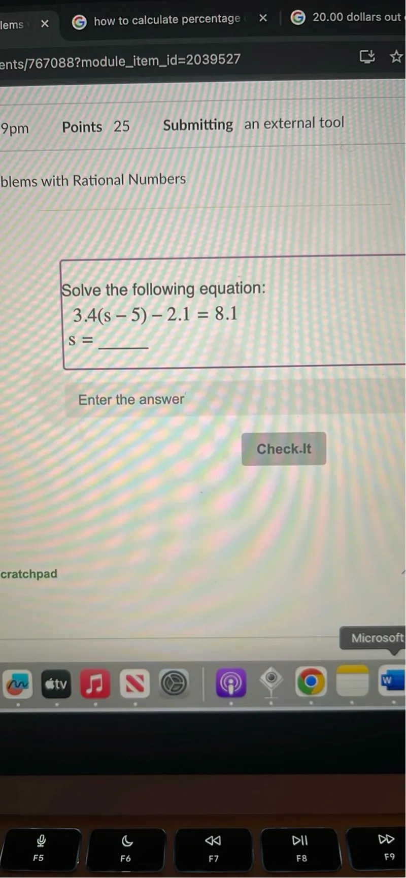 Solve the following equation:
3.4(s-5)-2.1=8.1
s=