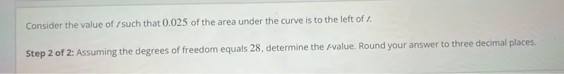 Consider the value of t such that 0.025 of the area under the curve is to the left of t.
Assuming the degrees of freedom equals 28, determine the t-value. Round your answer to three decimal places.