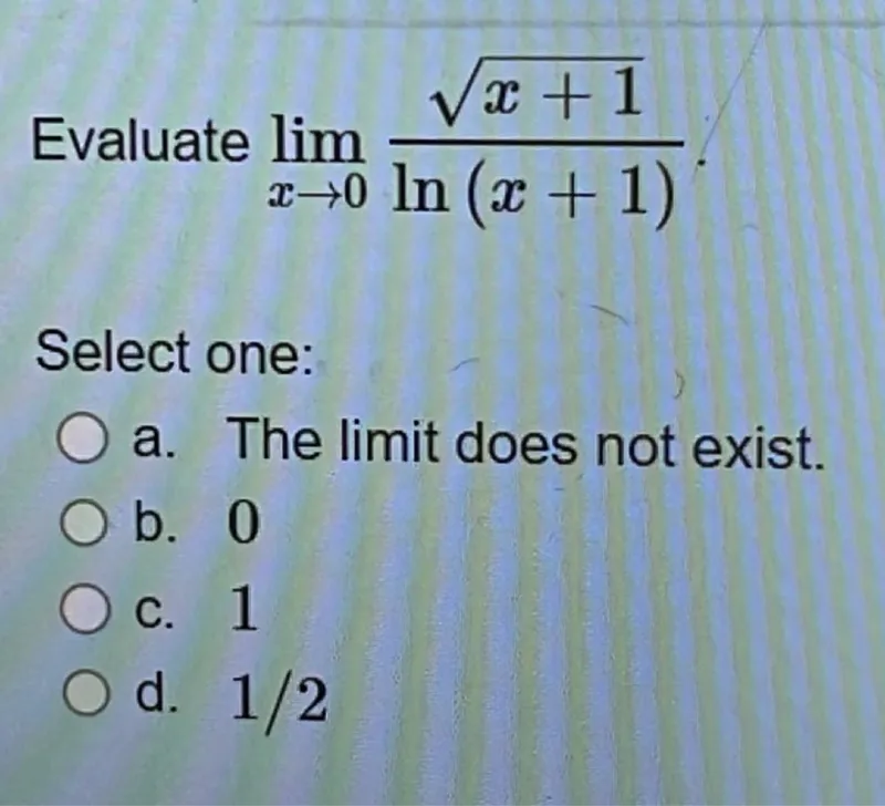 Evaluate lim as x approaches 0 of (sqrt(x+1))/(ln(x+1))