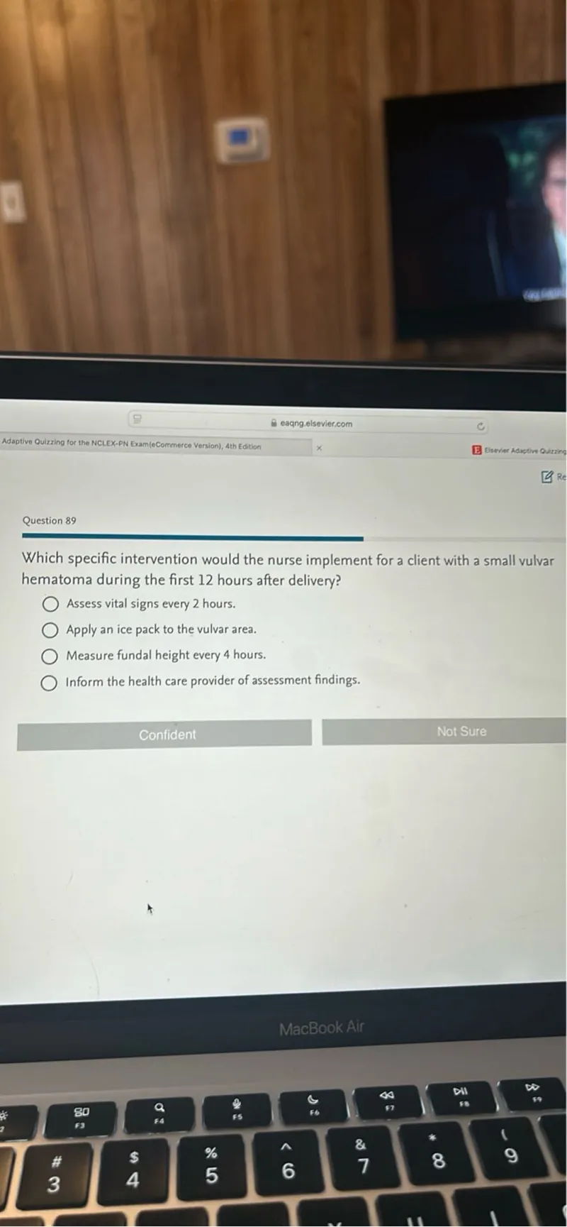 Which specific intervention would the nurse implement for a client with a small vulvar hematoma during the first 12 hours after delivery?
Assess vital signs every 2 hours.
Apply an ice pack to the vulvar area.
Measure fundal height every 4 hours.
Inform the health care provider of assessment findings.