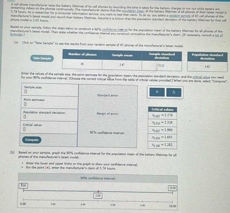 A cell phone manufacturer tests the battery lifetimes of its cell phones by recording the time it takes for the battery charges to run out while testers are streaming videos on the phones continuously. The manufacturer claims that the population mean of the battery lifetimes of all phones of their latest model is 5.74 hours. As a researcher for a consumer information service, you want to test that claim. To do so, you select a random sample of 45 cell phones of the manufacturer's latest model and record their battery lifetimes. Assume it is known that the population standard deviation of the battery lifetimes for that cell phone model is 2.42 hours.

Based on your sample, follow the steps below to construct a 90% confidence interval for the population mean of the battery lifetimes for all phones of the manufacturer's latest model. Then state whether the confidence interval you construct contradicts the manufacturer's claim.

(a) Click on "Take Sample" to see the results from your random sample of 45 phones of the manufacturer's latest model.

Number of phones  Sample mean  Sample standard deviation
------------  -------------  -------------
45  5.47  2.13

Population standard deviation
------------
2.42

Enter the values of the sample size, the point estimate for the population mean; the population standard deviation, and the critical value you need for your 90% confidence interval. (Choose the correct critical value from the table of critical values provided.) When you are done, select "Compute".

Sample size:
Point estimate: 
Standard error:
Population standard deviation:
Critical value:
Compute

(b) Based on your sample, graph the 90% confidence interval for the population mean of the battery lifetimes for all phones of the manufacturer's latest model.
- Enter the lower and upper limits on the graph to show your confidence interval.
- For the point (4), enter the manufacturer's claim of 5.74 hours.