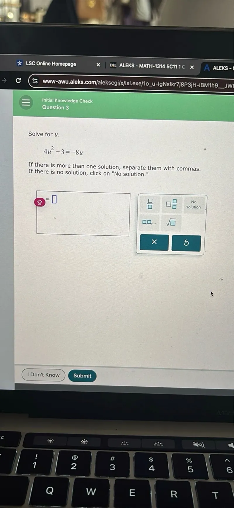 Solve for u.
4 u^2 + 3 = -8 u