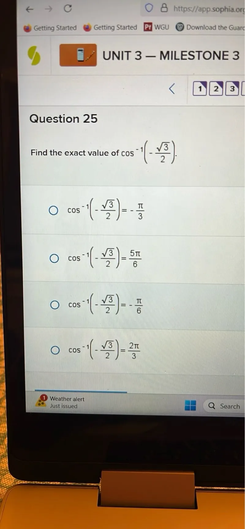 Find the exact value of cos^(-1)(-(sqrt(3)/2)).
cos^(-1)(-(sqrt(3)/2))=-(pi/3)
cos^(-1)(-(sqrt(3)/2))=(5pi/6)
cos^(-1)(-(sqrt(3)/2))=-(pi/6)
cos^(-1)(-(sqrt(3)/2))=(2pi/3)