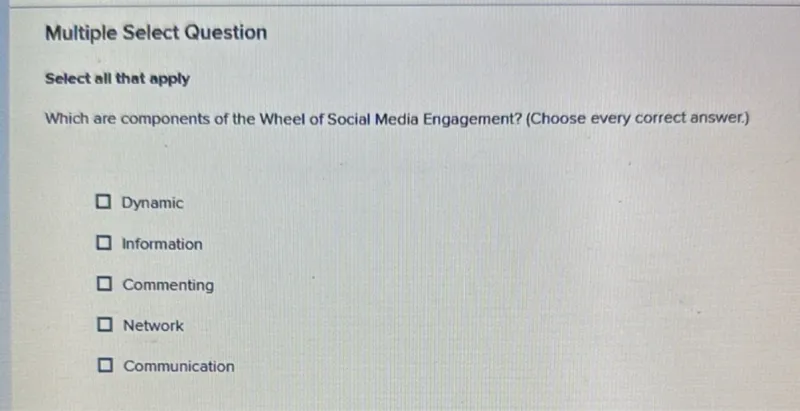 Multiple Select Question

Select all that apply
Which are components of the Wheel of Social Media Engagement? (Choose every correct answer.)
Dynamic
Information
Commenting
Network
Communication