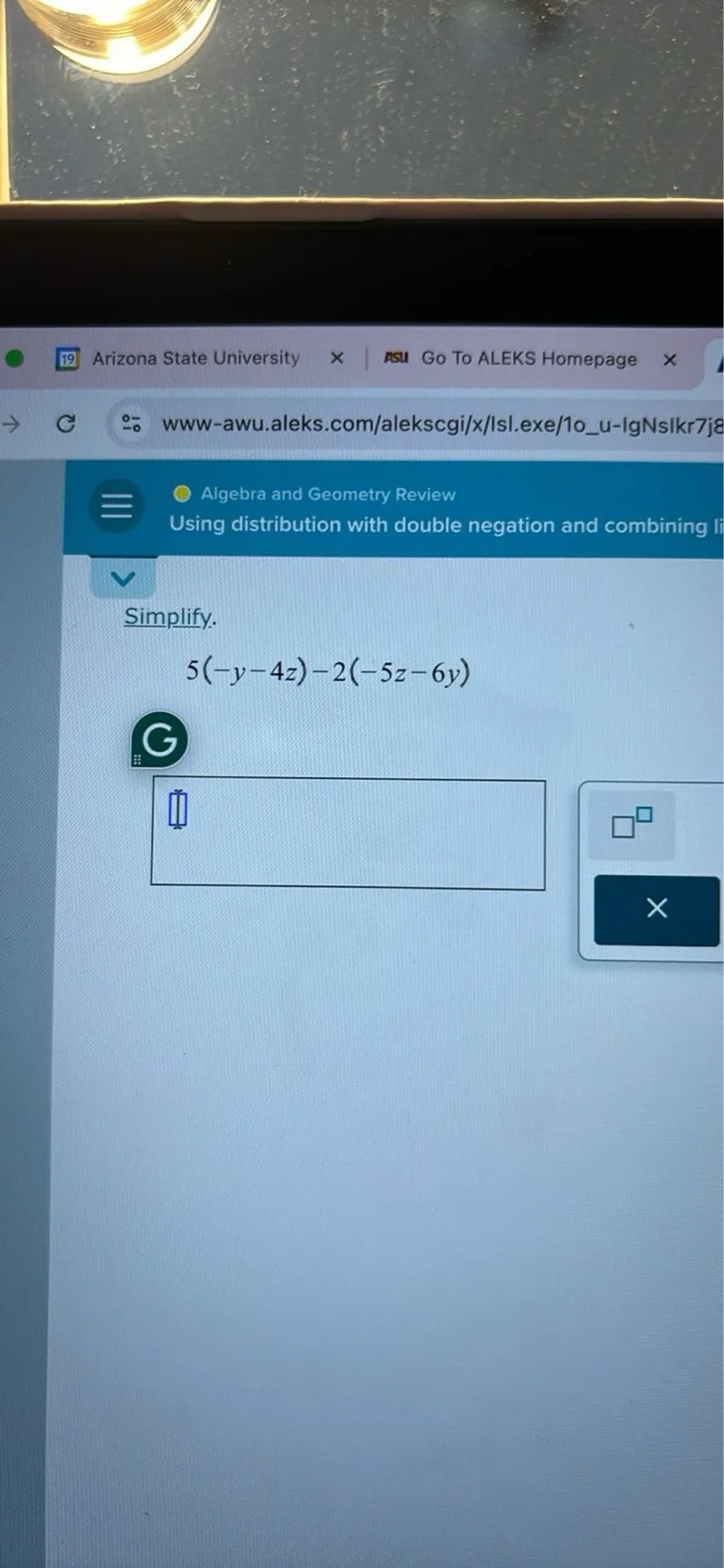 Simplify.
5(-y-4 z)-2(-5 z-6 y)