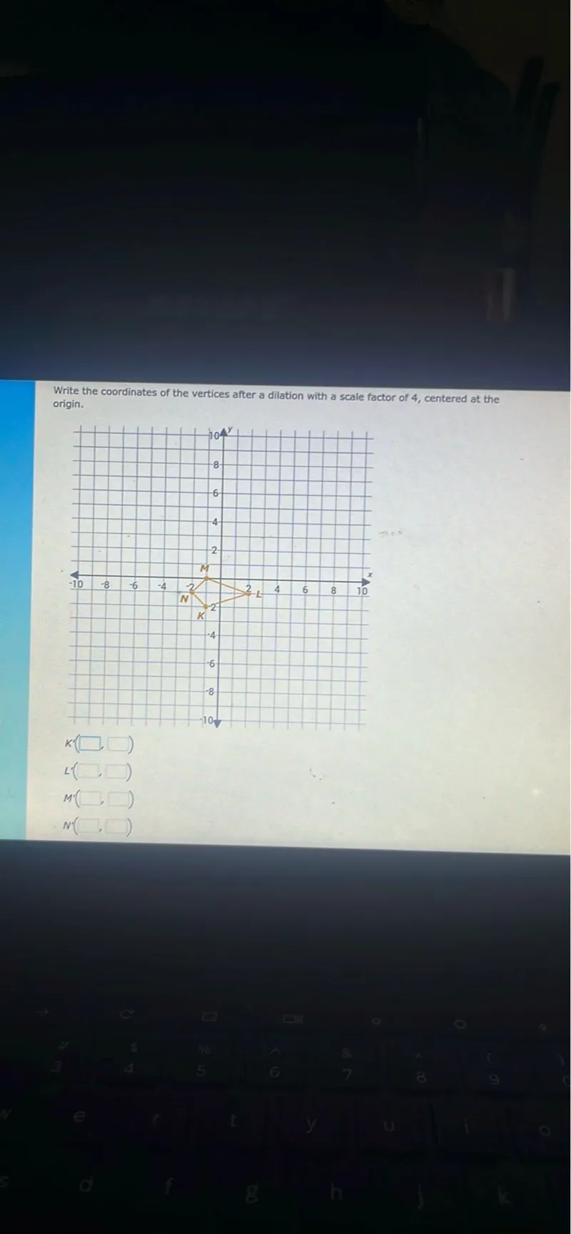 Write the coordinates of the vertices after a dilation with a scale factor of 4, centered at the origin.