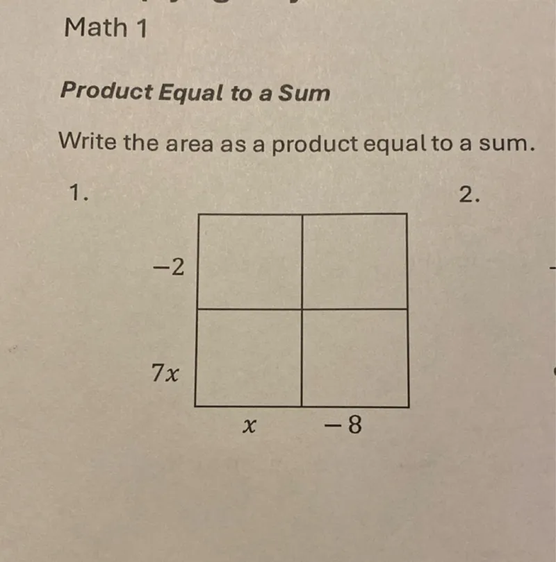 Product Equal to a Sum Write the area as a product equal to a sum.