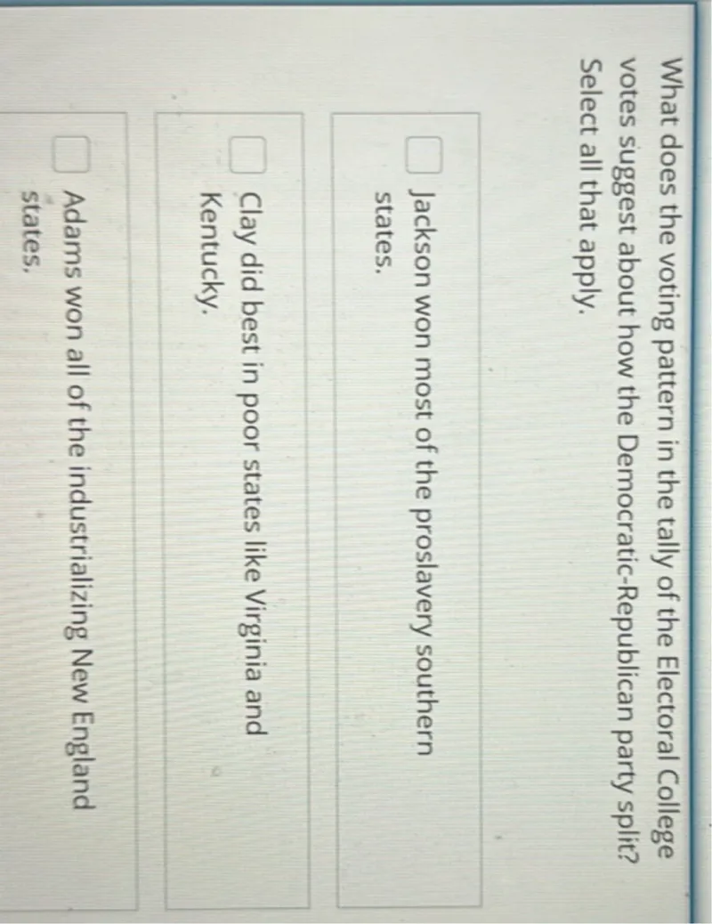 What does the voting pattern in the tally of the Electoral College votes suggest about how the Democratic-Republican party split? Select all that apply.
Jackson won most of the proslavery southern states.
Clay did best in poor states like Virginia and Kentucky.
Adams won all of the industrializing New England states.