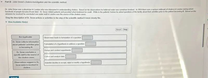 Pan 8 - John Snow's cholera investigation and the scientific method moves he received he concluded one water well in London was the source of the cholera cases.
Drag the description of Dr. Snow's actions or activities to the step of the scientific method it most closely fits.

Not Applicable
Dr. Snow collects information about patients' activities prior to becoming ill.

Dr. Snow concludes a specific well is the source of the cholera cases.

Observation leads to formulation of a question 
Formulation of a hypothesis to address a question 
Designing and conducting experiments 
Collect and analyze data. 
Observations suggest to Dr. Snow water is implicated in cholera.

Scientist decides to accept, reject or modify a hypothesis: