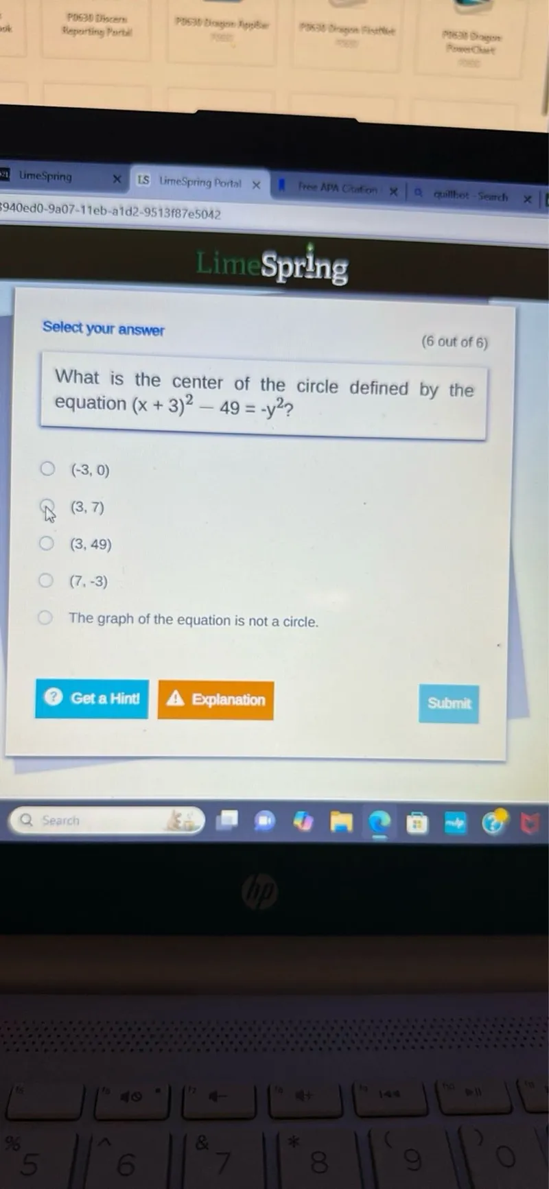 What is the center of the circle defined by the equation (x+3)^2-49=-y^2 ?
(-3,0)
(3,7)
(3,49)
(7,-3)
The graph of the equation is not a circle.