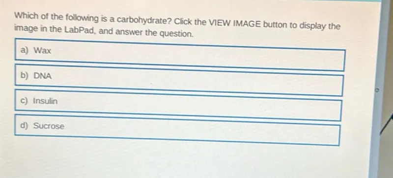 Which of the following is a carbohydrate? Click the VIEW IMAGE button to display the image in the LabPad, and answer the question.
a) Wax
b) DNA
c) Insulin
d) Sucrose