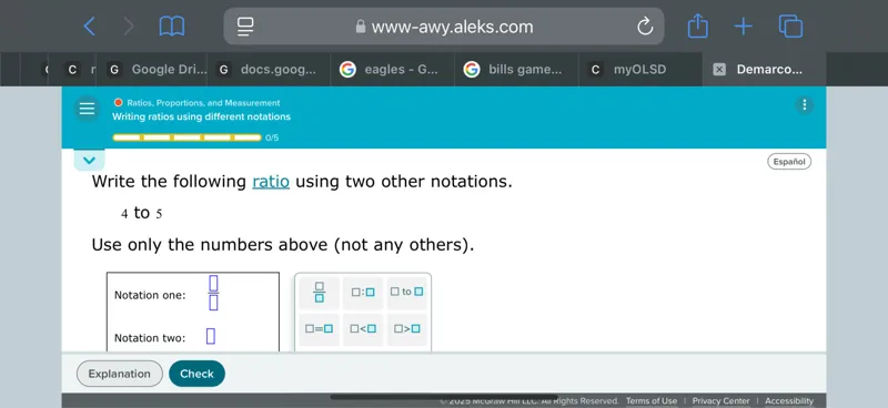 Write the following ratio using two other notations.
4 to 5
Use only the numbers above (not any others).