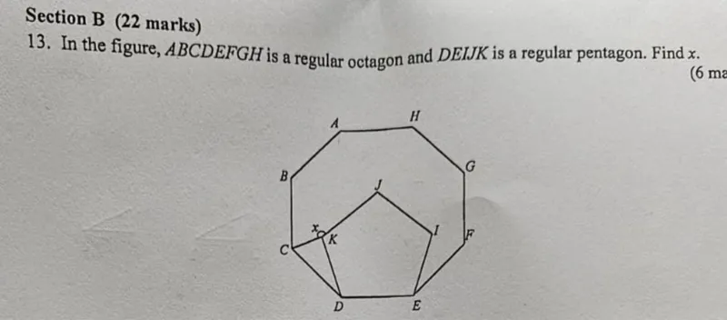 In the figure, ABCDEFGH is a regular octagon and DEIJK is a regular pentagon. Find x.