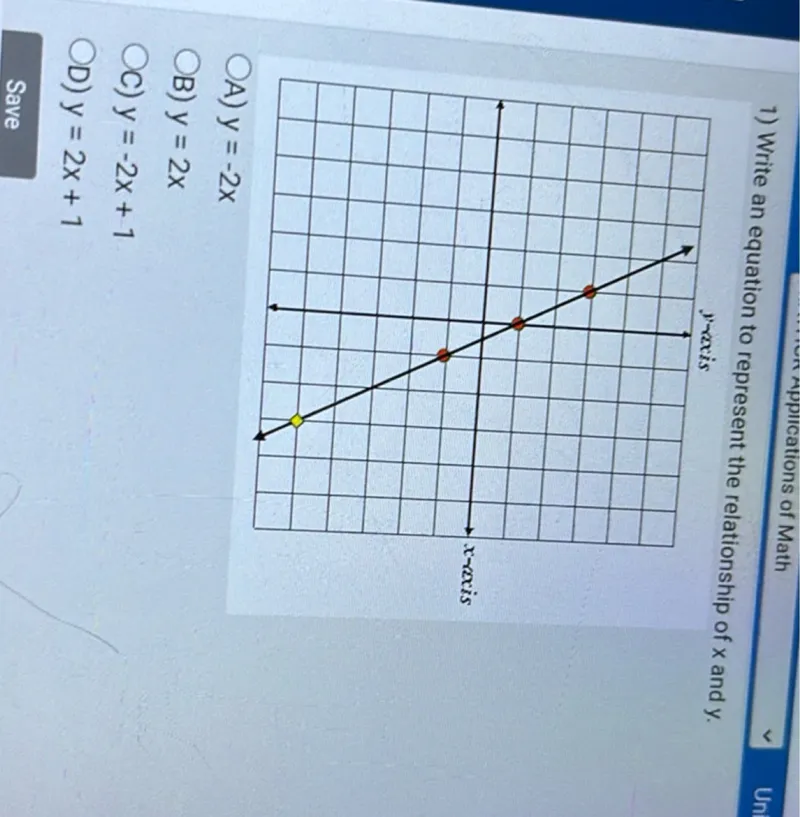 1) Write an equation to represent the relationship of x and y.  
A) y = -2x  
B) y = 2x  
C) y = -2x + 1  
D) y = 2x + 1  