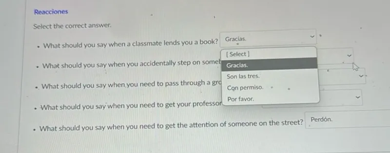 What should you say when a classmate lends you a book? Gracias.
What should you say when you accidentally step on someone? Gracias.
What should you say when you need to pass through a group of people? Con permiso.
What should you say when you need to get your professor's attention? Por favor.
What should you say when you need to get the attention of someone on the street? Perdón.