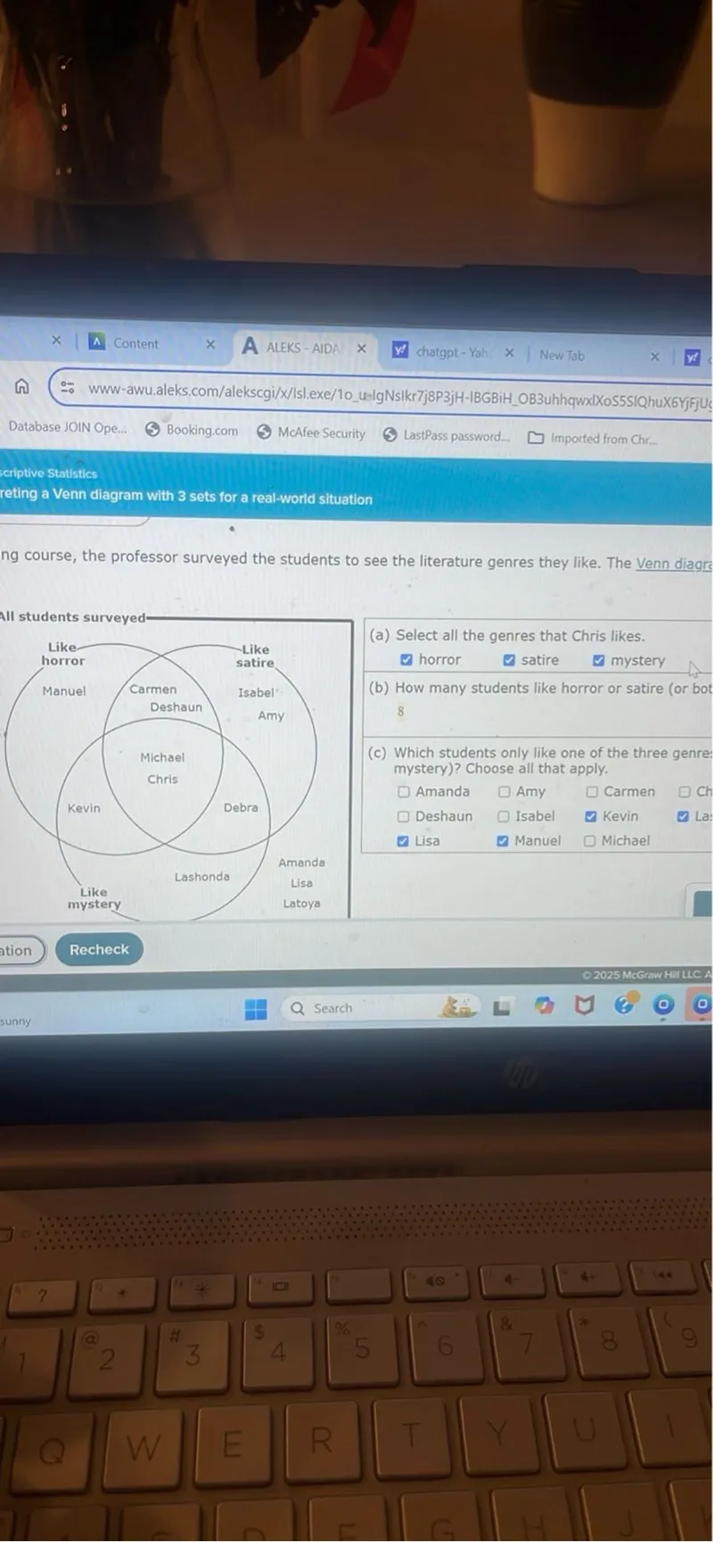 Creating a Venn diagram with 3 sets for a real-world situation

In a writing course, the professor surveyed the students to see the literature genres they like. The Venn diagram

All students surveyed-
(a) Select all the genres that Chris likes.
horror
satire
mystery
(b) How many students like horror or satire (or both)?
8
(c) Which students only like one of the three genres (horror, satire, mystery)? Choose all that apply.
Amanda Amy Carmen 
Deshaun Isabel 
Kevin
Lisa
Manuel
Michael