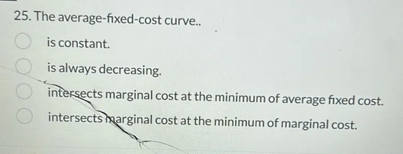25. The average-fixed-cost curve..  
is constant.  
is always decreasing.  
intersects marginal cost at the minimum of average fixed cost.  
intersects marginal cost at the minimum of marginal cost.  