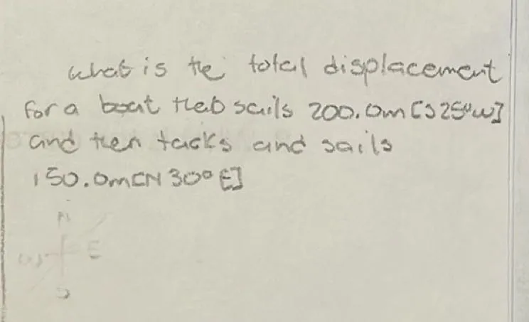 What is the total displacement for a boat that sails 200.0m [S25 W] and then tacks and sails 150.0m [30° E]?