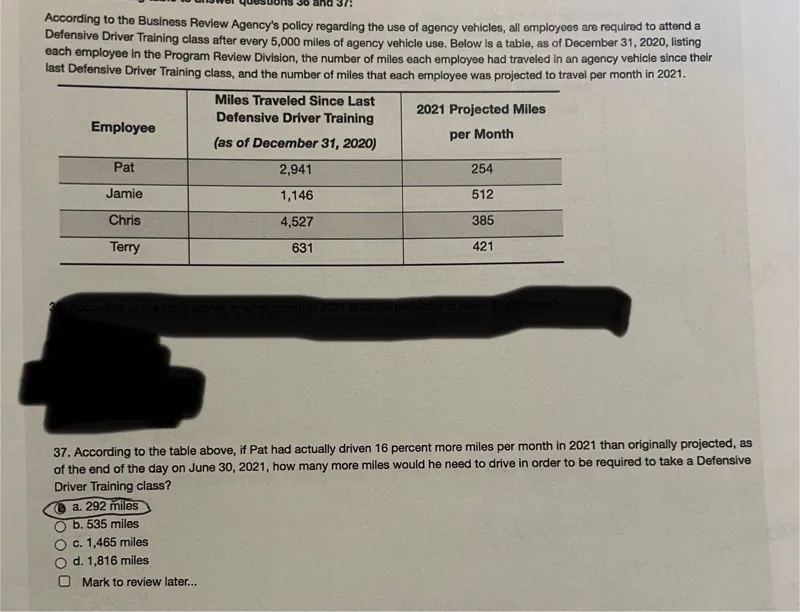 According to the table above, in what month in 2021 is Jamie projected to reach 5,000 miles?
According to the table above, if Pat had actually driven 16 percent more miles per month in 2021 than originally projected, as of the end of the day on June 30, 2021, how many more miles would he need to drive in order to be required to take a Defensive Driver Training class?
a. 292 miles
b. 535 miles
c. 1,465 miles
d. 1,816 miles