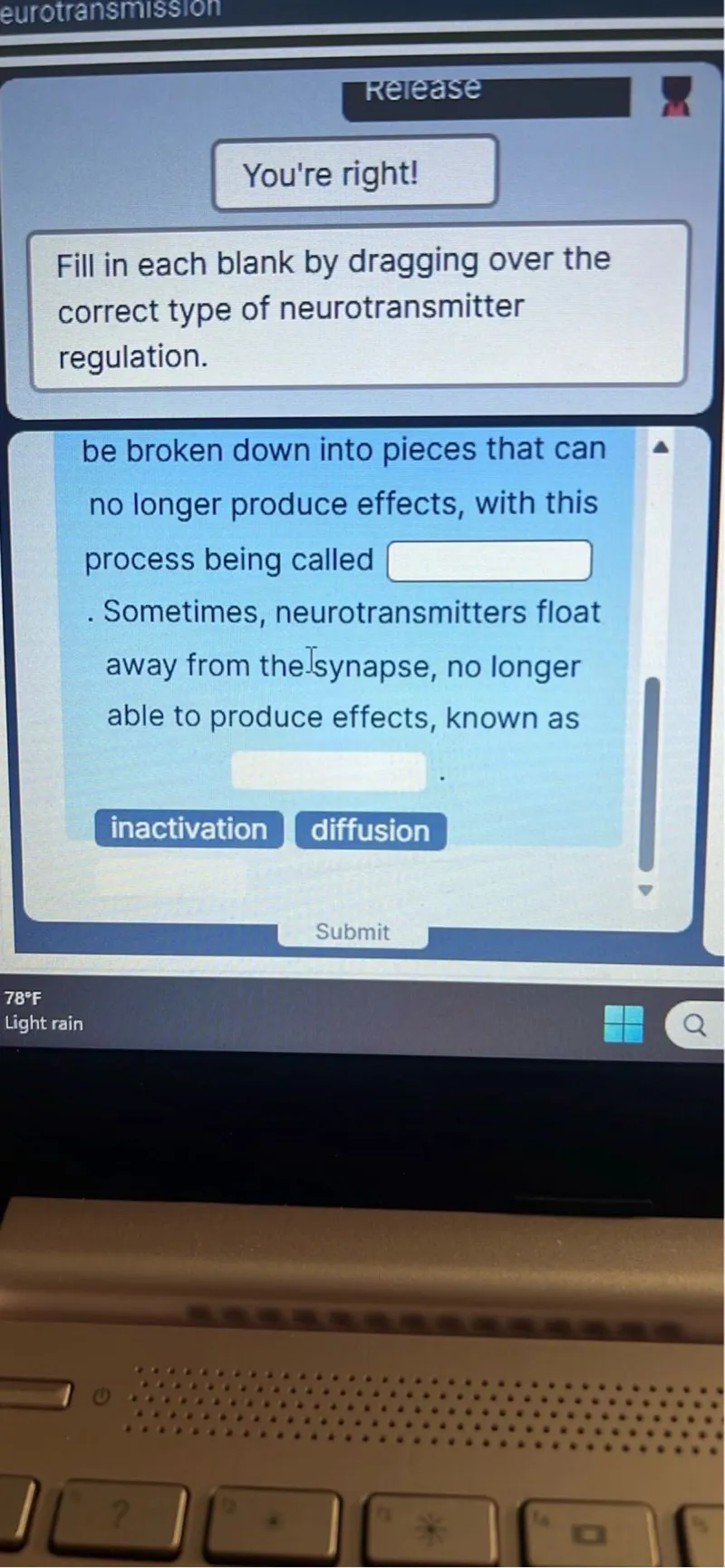 Fill in each blank by dragging over the correct type of neurotransmitter regulation.
be broken down into pieces that can no longer produce effects, with this process being called
Sometimes, neurotransmitters float away from the synapse, no longer able to produce effects, known as
inactivation
diffusion