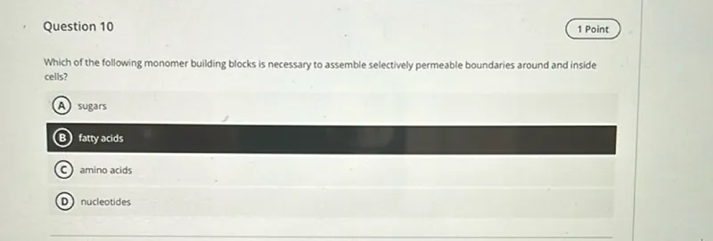 Question 10
1 Point

Which of the following monomer building blocks is necessary to assemble selectively permeable boundaries around and inside cells?
(A) sugars
(B) fatty acids
(C) amino acids
(D) nucleotides