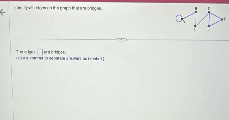 Identify all edges on the graph that are bridges.

The edges are bridges. (Use a comma to separate answers as needed.)