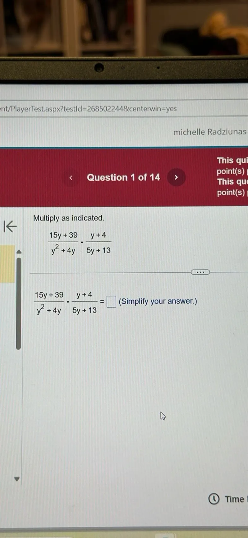 Multiply as indicated.
(15y+39)/(y^2+4y) * (y+4)/(5y+13)
(15y+39)/(y^2+4y) * (y+4)/(5y+13) = □ (Simplify your answer.)