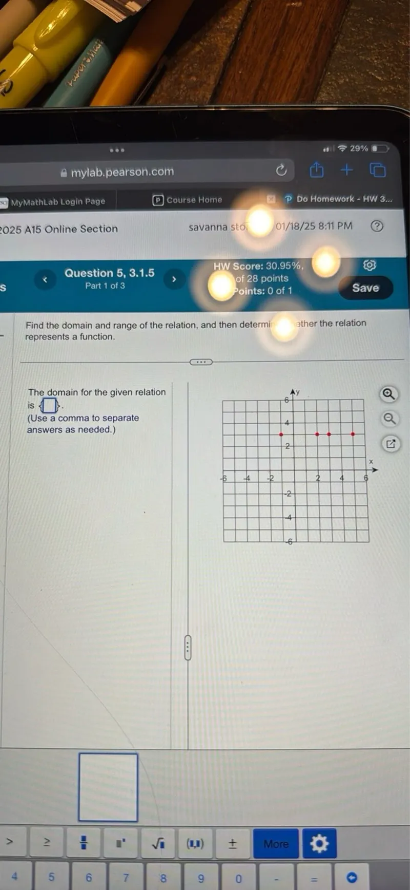 Find the domain and range of the relation, and then determine whether the relation represents a function.

The domain for the given relation is β. (Use a comma to separate answers as needed.)