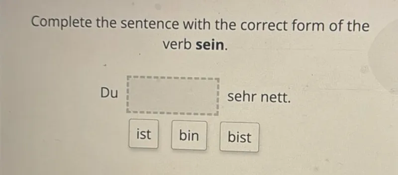 Complete the sentence with the correct form of the verb sein.

Du sehr nett.
ist
bin
bist