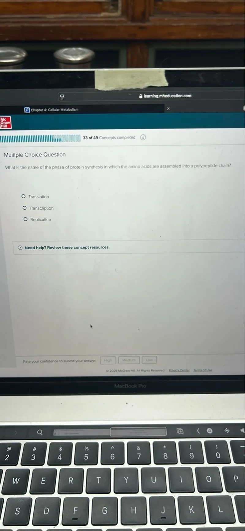 What is the name of the phase of protein synthesis in which the amino acids are assembled into a polypeptide chain?
Translation
Transcription
Replication