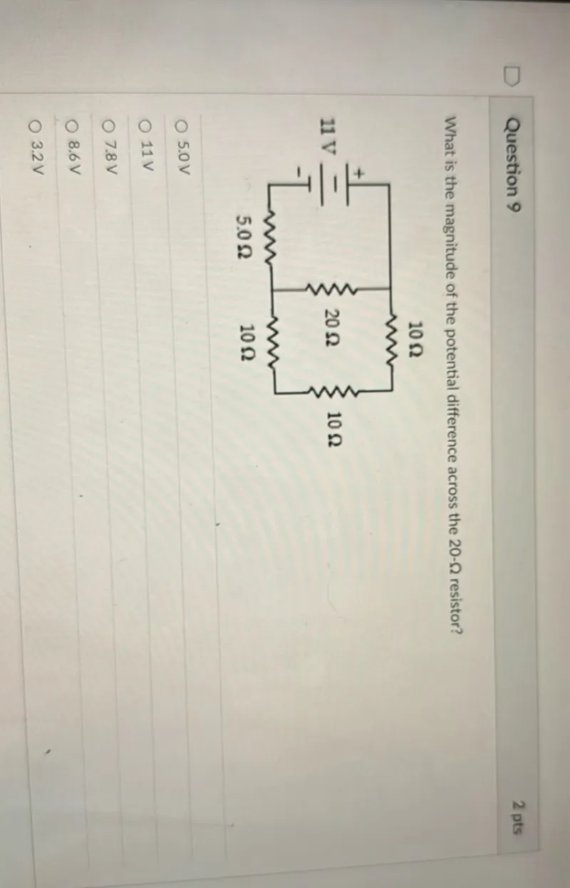 What is the magnitude of the potential difference across the 20-Ω resistor?