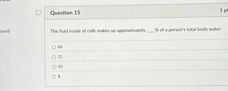 The fluid inside of cells makes up approximately % of a person's total body water.