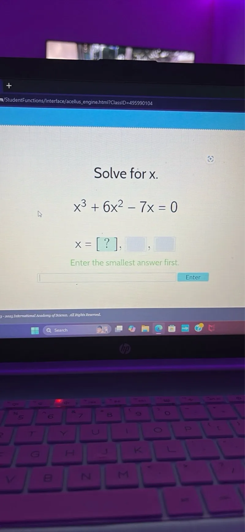 Solve for x.
x^3 + 6x^2 - 7x = 0
x = [?]