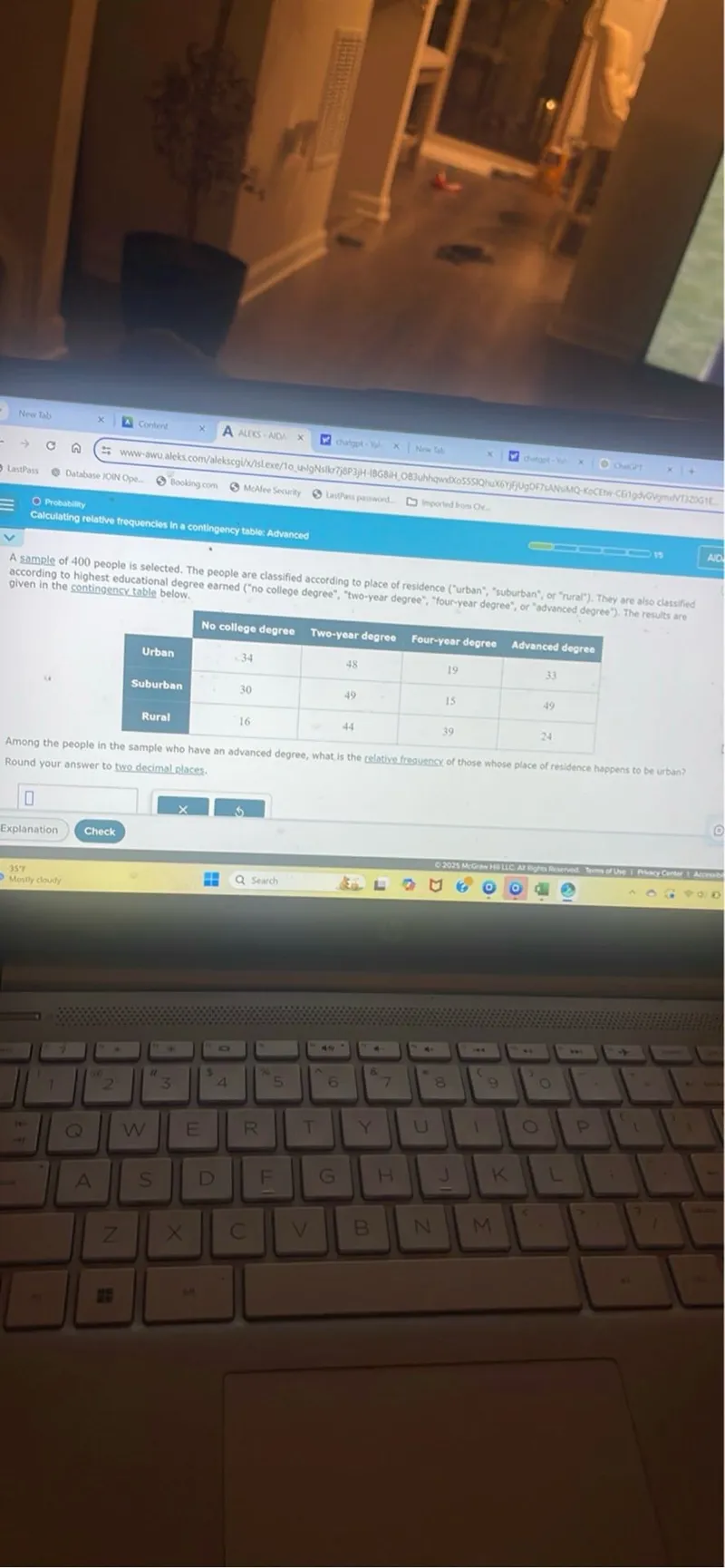 A sample of 400 people is classified according to highest educational degree earned ("no college degree", "Two-year degree", "Four-year degree", "Advanced degree") and according to place of residence ("urban", "Suburban", or "rural"). They are also classified and given in the contingency table below.

                No college degree  Two-year degree  Four-year degree  Advanced degree 
 Urban          34                 48               19                33              
 Suburban       30                 49               15                49              
 Rural          16                 44               39                24              

Among the people in the sample who have an advanced degree, what is the relative frequency of those whose place of residence happens to be urban? Round your answer to two decimal places.