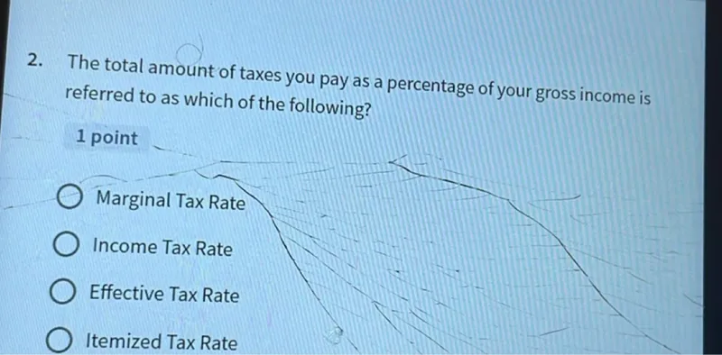 2. The total amount of taxes you pay as a percentage of your gross income is referred to as which of the following?

1 point
Marginal Tax Rate
Income Tax Rate
Effective Tax Rate
Itemized Tax Rate