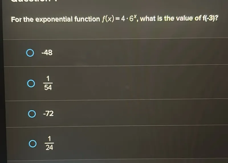 For the exponential function f(x)=4 * 6^x, what is the value of f(-3)?