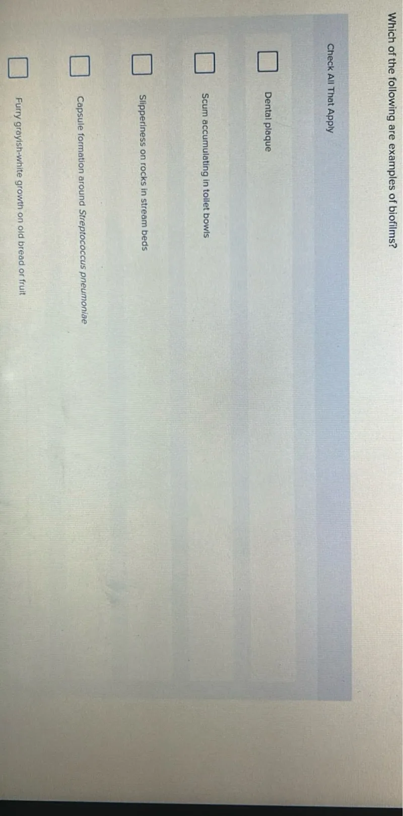 Which of the following are examples of biofilms?

Check All That Apply
Dental plaque
Scum accumulating in toilet bowls
Slipperiness on rocks in stream beds
Capsule formation around Streptococcus pneumoniae
Furry grayish-white growth on old bread or fruit