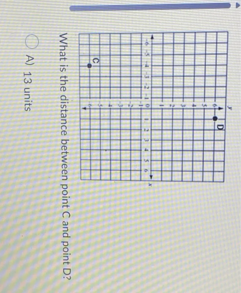 What is the distance between point C and point D?
A) 13 units