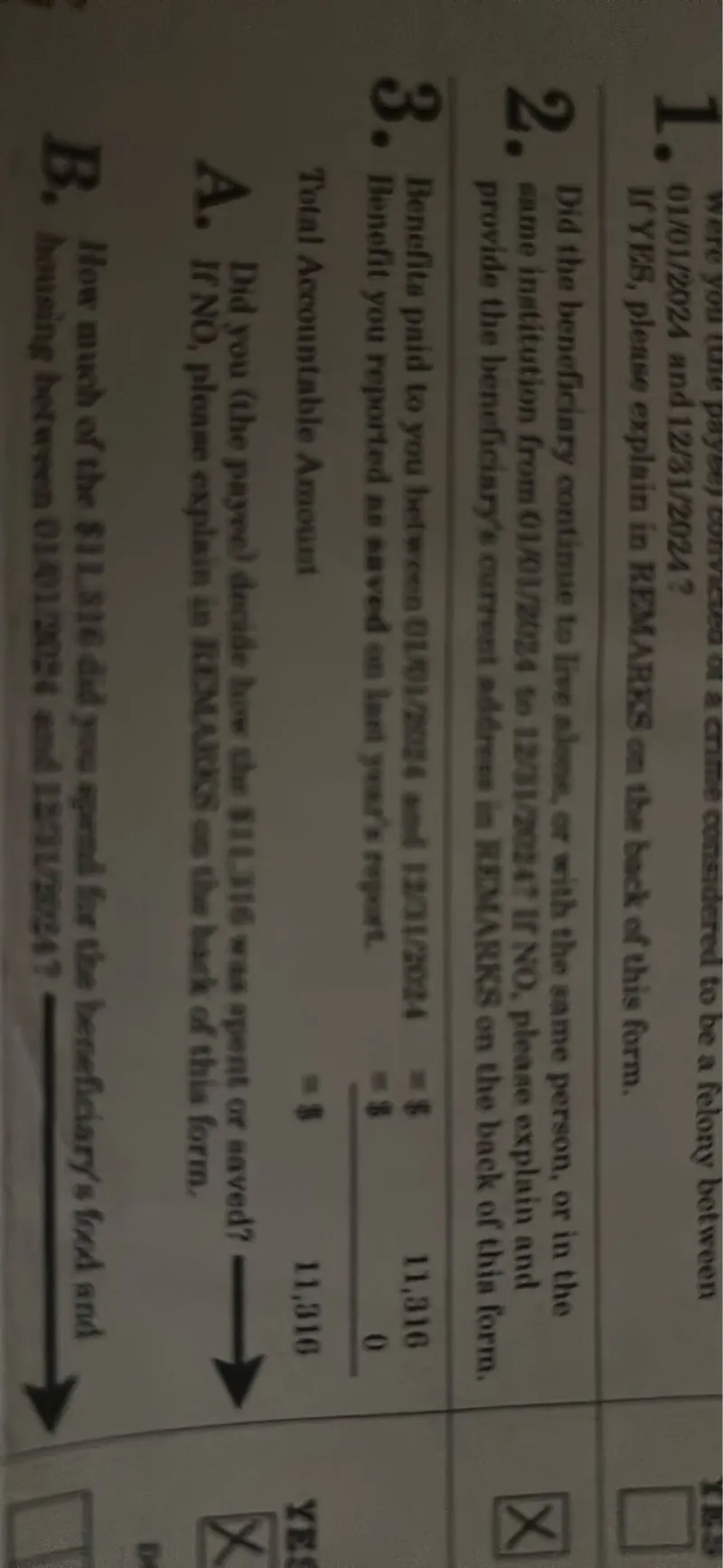  1. 01/01/2024 and 12/31/2024? If YES, please explain in REMARKS on the back of this form.

2. Did the beneficiary continue to live with the same person or in the same household throughout the year? If NO, please explain in REMARKS on the back of this form.

3. Have you paid to your bank or anyone else any of the beneficiary's own funds? If YES, please explain in REMARKS on the back of this form.

A. Did you (the payee) decide how the funds were to be spent or invested?
If NO, please explain in REMARKS on the back of this form.

B. How much of the 11,318 did you save for the beneficiary?

Total Amount 