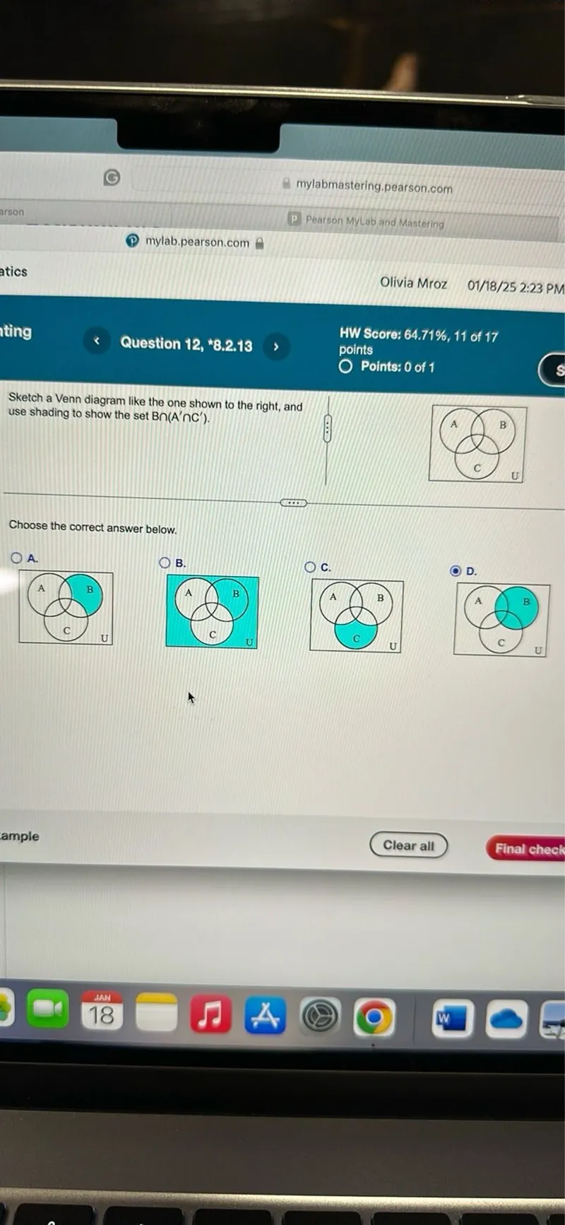 Sketch a Venn diagram like the one shown to the right, and use shading to show the set B ∩ (A′ ∩ C′).