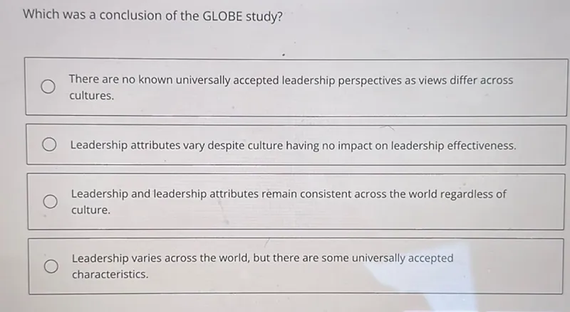 Which was a conclusion of the GLOBE study?
There are no known universally accepted leadership perspectives as views differ across cultures.
Leadership attributes vary despite culture having no impact on leadership effectiveness.
Leadership and leadership attributes remain consistent across the world regardless of culture.
Leadership varies across the world, but there are some universally accepted characteristics.