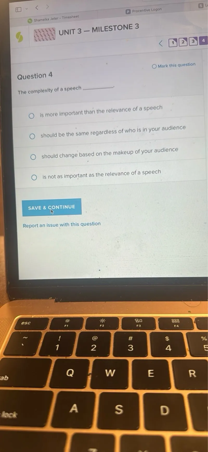 The complexity of a speech is more important than the relevance of a speech
should be the same regardless of who is in your audience
should change based on the makeup of your audience
is not as important as the relevance of a speech