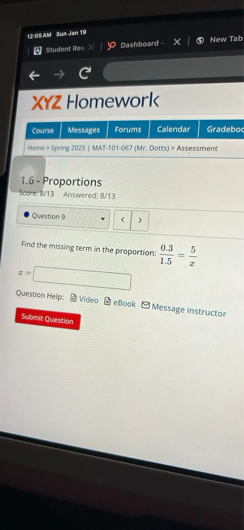 Find the missing term in the proportion: 0.3/1.5 = 5/x
x = □