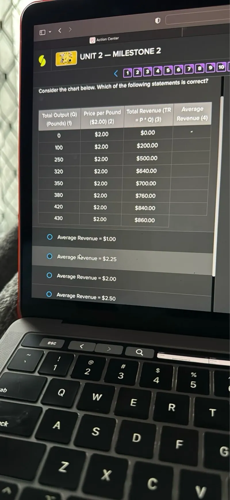 Consider the chart below. Which of the following statements is correct?
Average Revenue = 1.00
Average Atvenue = 2.25
Average Revenue = 2.00
Average Revenue = 2.50